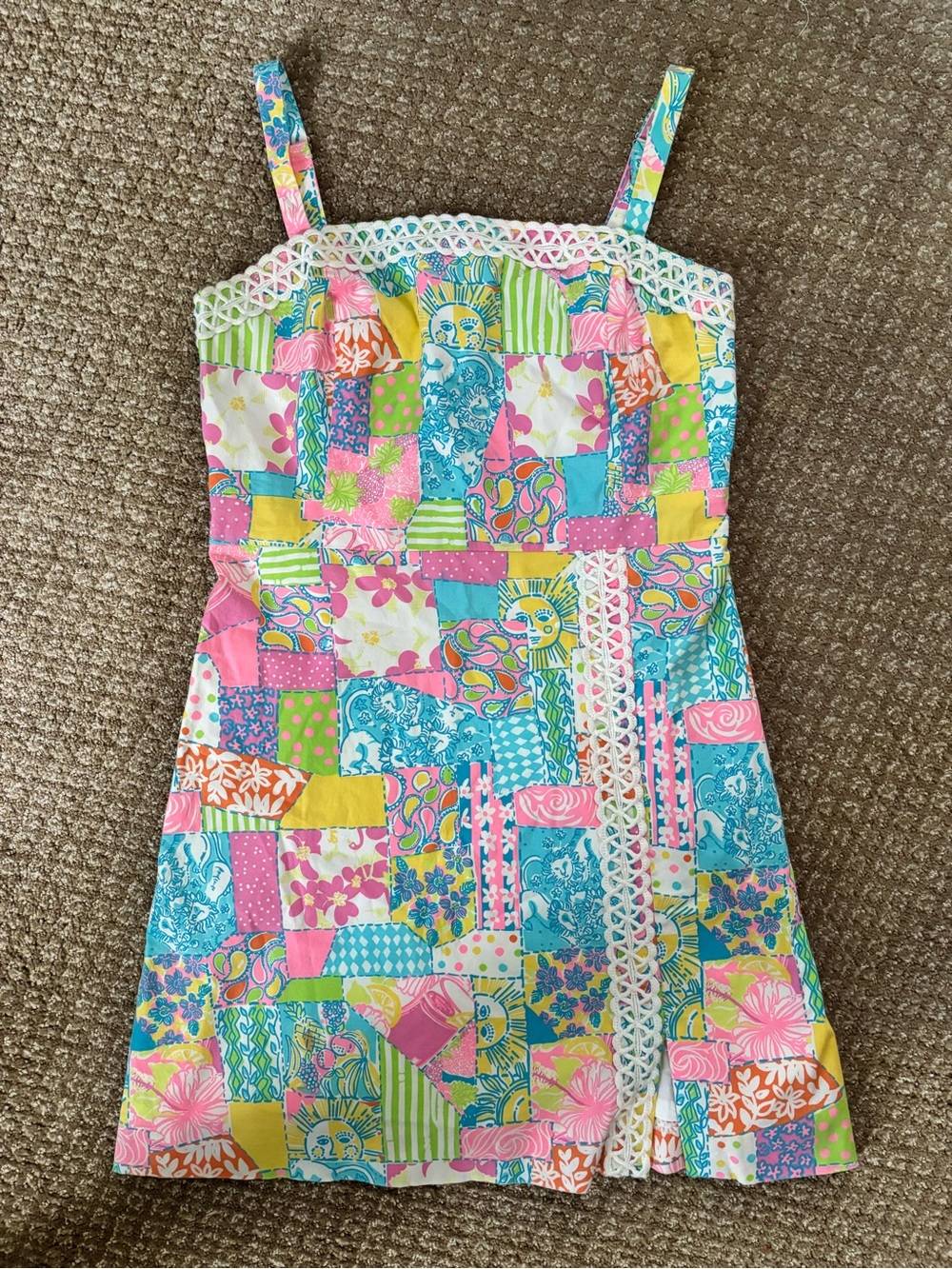 Y2K Lilly Pulitzer Bright Patchwork-Print Sundress in Pink, Blue, Yellow & Green